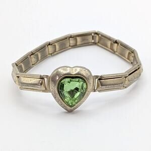 Vintage Childs Expansion Bracelet Sweetheart Jewelry Green Heart Rhinestone 6in
